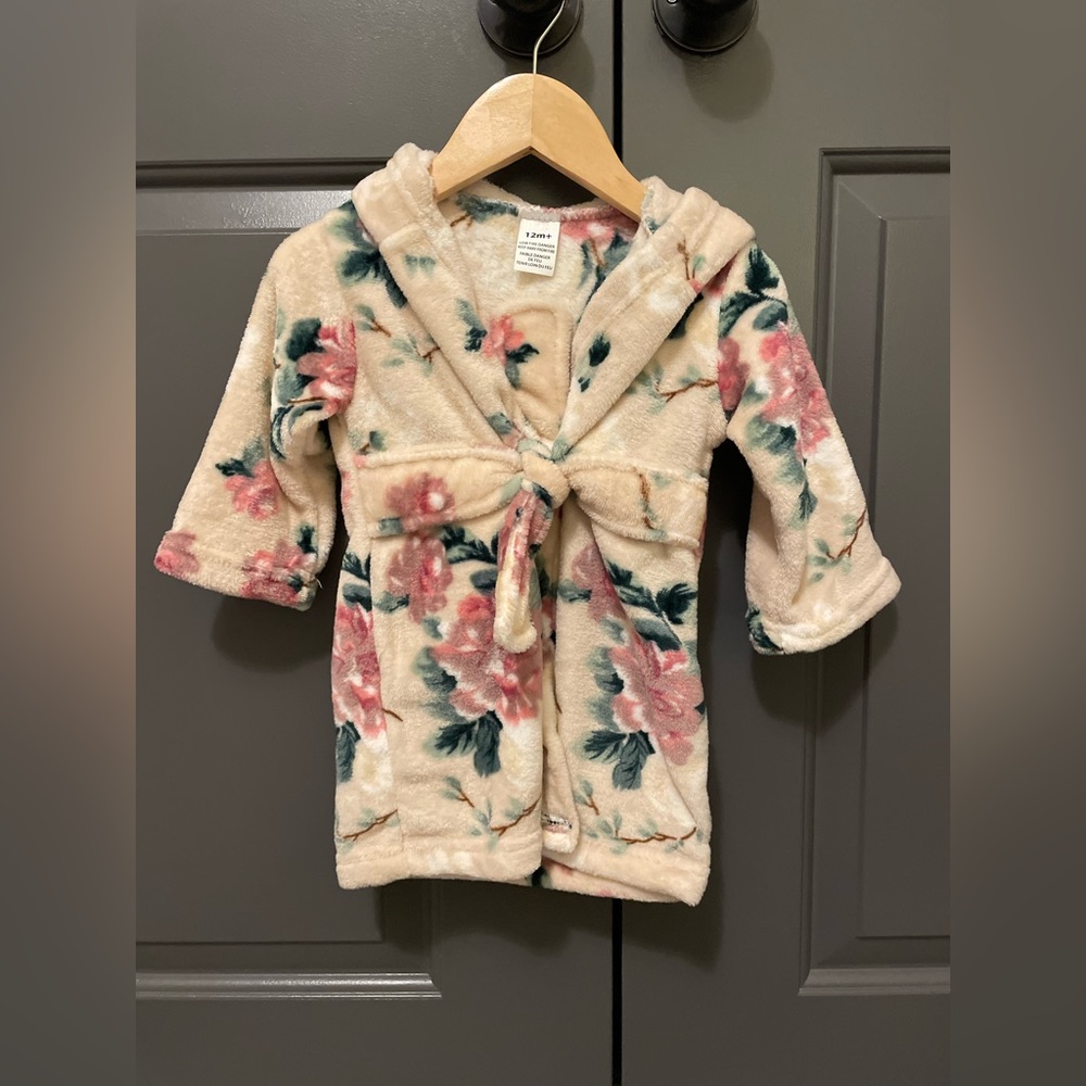 Floral baby robe with hood size 12 months never been worn!